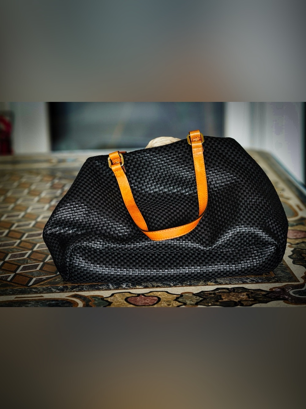 Antonio Melani Black Woven Tote Tan Leather Handles Gold Hardware